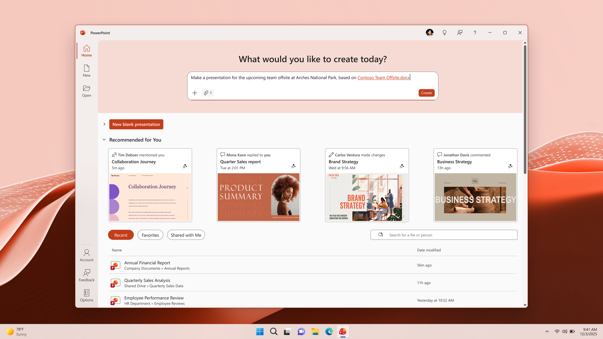 PowerPoint Homepage Copilot experience on Windows.