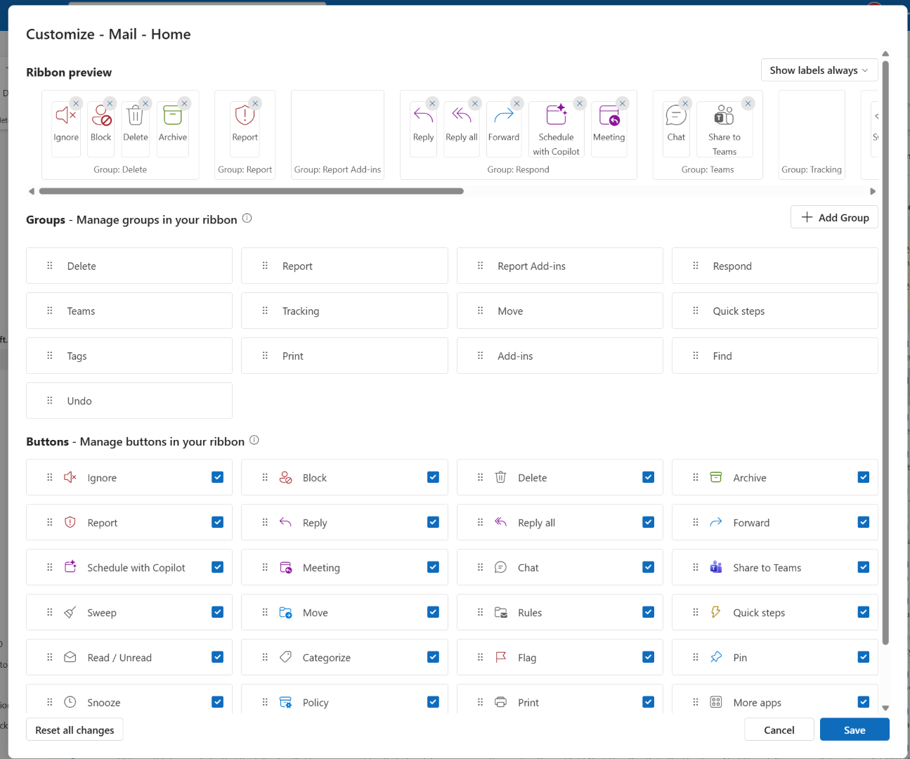 ribbon customization buttons