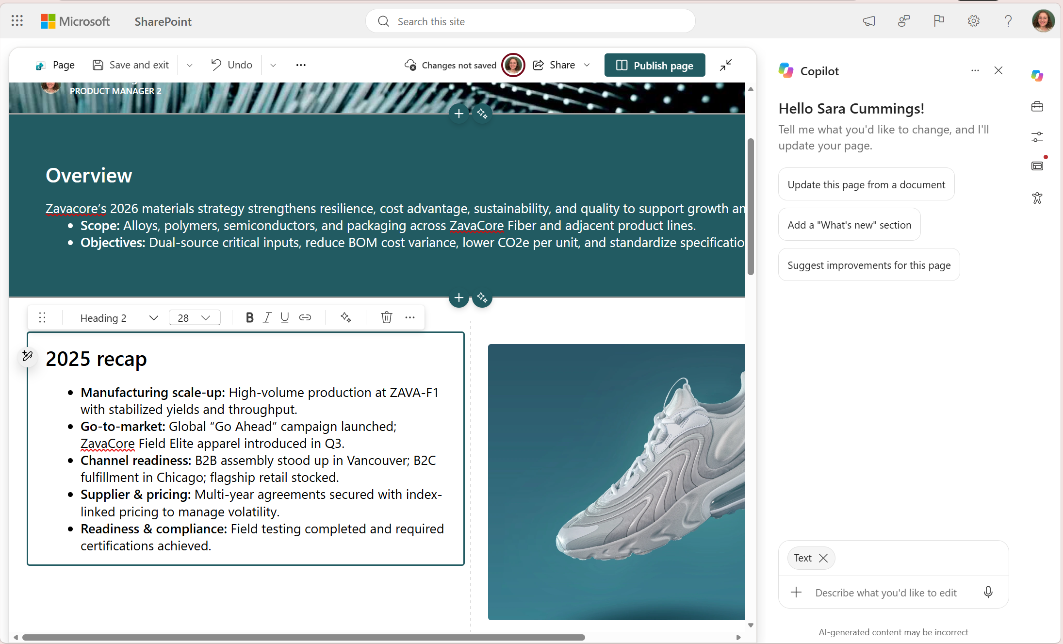 Copilot-assisted page canvas element editing